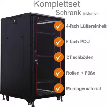 IT-BUDGET 19 inch Netzwerkschrank SRK Komplettset 22U 600x600mm Glas-/Stahltür 4 Lüfter PDU Fachböden vormontiert Schwarz 99ITB19SRK2266GSM