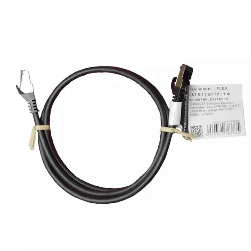 IT-BUDGET Cat.8.1 S/FTP Patchkabel, 1m, Schwarz, 40Gbps, 2000MHz, LSZH, PoE+ 90ITBFLEX81PK1S
