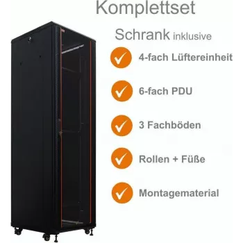 IT-BUDGET 19 inch Netzwerkschrank SRK Komplettset 38U 600x800mm Glas-/Stahltür 4 aktive Lüfter PDU Fachböden Flatpack Schwarz 90ITB19SRK3868GS