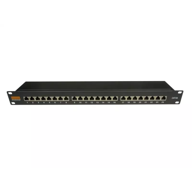 IT-BUDGET 19 inch Cat.6A geschirmtes 24-Port Patch Panel, kurze Bauform, PoE+ fähig, 1U, Schwarz 90ITBPP6A1S