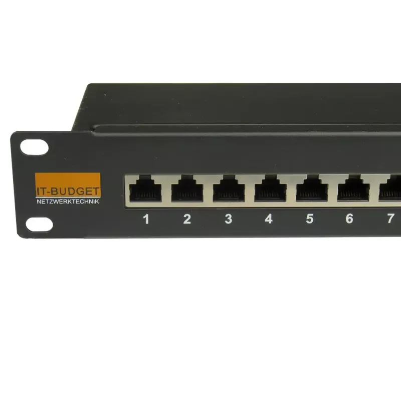 IT-BUDGET 19 inch Cat.6A geschirmtes 24-Port Patch Panel, kurze Bauform, PoE+ fähig, 1U, Schwarz 90ITBPP6A1S