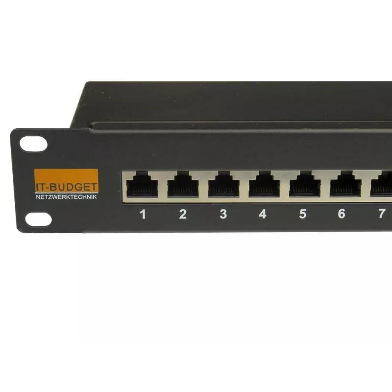 IT-BUDGET 19 inch Cat.6A geschirmtes 24-Port Patch Panel, kurze Bauform, PoE+ fähig, 1U, Schwarz 90ITBPP6A1S