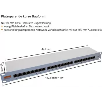 IT-BUDGET 19 inch Patch Panel Profi S - Kurze Einbautiefe - Geschirmt - Cat.6A - 24 Port - PoE+ fähig - 1U - Hellgrau (90ITBPP6A1G)