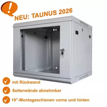 IT-BUDGET 19-Zoll-Netzwerkschrank TAUNUS - 12U, 450 mm Tiefe, abschließbare Glastür, Lichtgrau (90ITB191245GG)