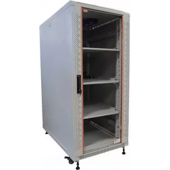 IT-BUDGET 19 inch Netzwerkschrank SRK Komplettset 22U 600x600 mm Glas-/Stahltür 4 Lüfter PDU Fachböden Flatpack Lichtgrau 90ITB19SRK2266GG