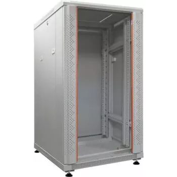 IT-BUDGET 19 inch Netzwerkschrank SRK, 18U, 600x600 mm, Glas-/Stahltür, Flatpack, Lichtgrau 90ITB19SRK1866GGN