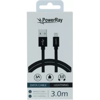 PowerRay USB-auf-Lightning-Datenkabel 3m Textil Schwarz PR-DCUL300TBK
