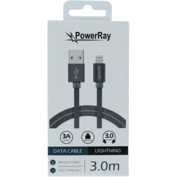 PowerRay USB-auf-Lightning-Daten- und Ladekabel 3m Textil Grau PR-DCUL300TGY