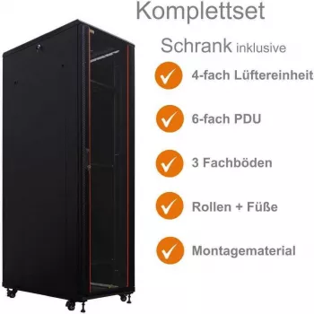 IT-BUDGET 19 inch Server Rack SRK Komplettset - 42U - 600x1000 mm - Perforierte Doppeltüren Vorne & Hinten - 4 Aktive Lüfter - PDU - Fachböden - Flatpack - Schwarz (90ITB19SRK42610DTS)