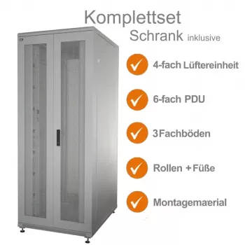 IT-BUDGET 19 inch Serverschrank SRK Komplettset 42U 800x1000mm Perforierte Doppeltüren Lichtgrau 90ITB19SRK42810DTG