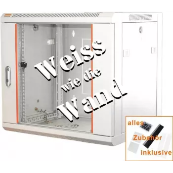 IT-BUDGET 19 inch Netzwerkschrank SWA - 12U - 570x450 mm - Glastür - Abnehmbare Seitenteile - Wand-/Bodenmontage - Zubehörset - Reinweiß 90ITB19WS12645GW