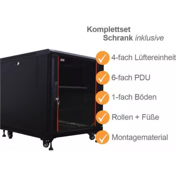 IT-BUDGET 19 inch Netzwerkschrank SRK Komplettset 12U 600x800 mm Glas-/Stahltür mit 4 Lüftern, PDU, Fachböden, Flatpack, Schwarz 90ITB19SRK1268GS