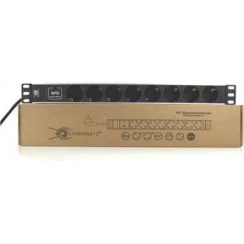 Liebernetz 19 inch Rackmount-Steckdosenleiste mit 8 Schuko-Steckdosen, Überspannungsschutz, 1U, Aluminium, Schwarz 90LNSDL198SSP