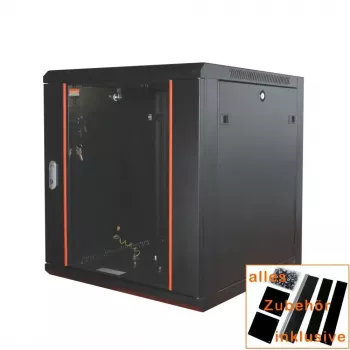 IT-BUDGET 19 inch Netzwerkschrank SWA - 12U - 570x600 mm - Glastür - Abnehmbare Seitenteile - Wand-/Bodenmontage - Zubehörset - Schwarz 90ITB19WS1266GS