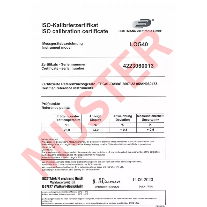 TFA Dostmann LOG40 ISO-kalibrierter Temperaturdatenlogger USB PDF, -40 bis +60 °C