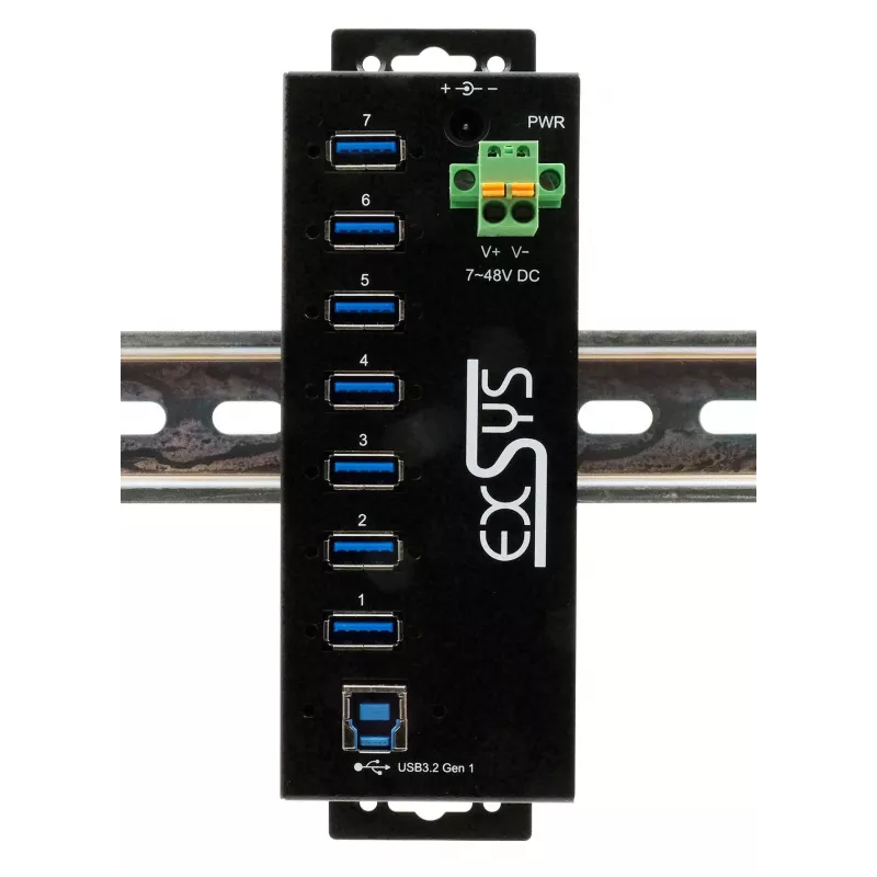 EXSYS USB 3.2 Gen1 7-Port Industrie-Hub mit DIN-Schienen-Kit und 15kV ESD-Schutz (EX-1187HMVS-2)