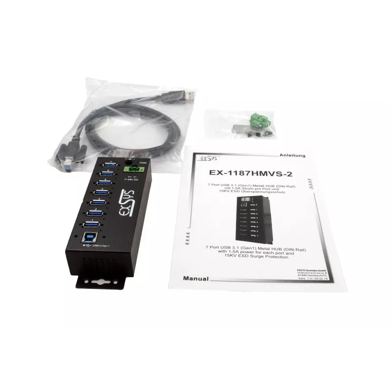 EXSYS USB 3.2 Gen1 7-Port Industrie-Hub mit DIN-Schienen-Kit und 15kV ESD-Schutz (EX-1187HMVS-2)