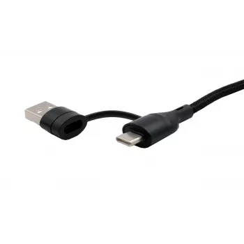 EXSYS EX-K1404 2-in-1 zu 3-in-1 USB-C/A zu USB-C/Micro B/Lightning Nylon umflochtenes Multi-Lade- und Datenkabel, 1,2m, Schwarz