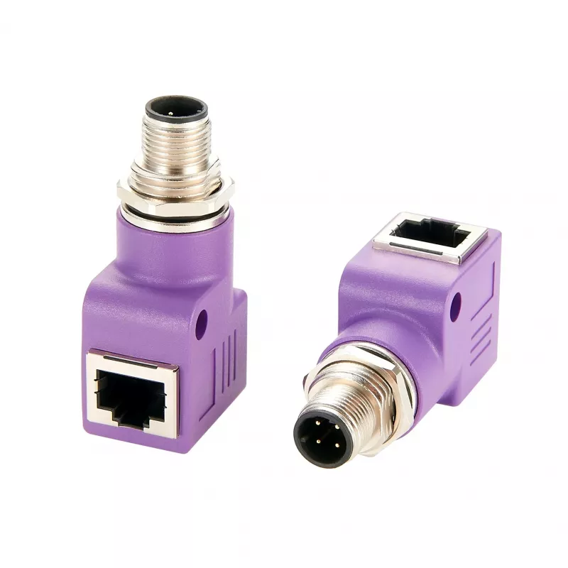 EXSYS EX-49522 M12 D-Code 4-Pin Stecker auf RJ45 Buchse 90° gewinkelter Industrial Ethernet Adapter
