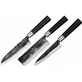 SAMURA SP5-0220 3-teiliges Küchenmesserset, AUS-8 Edelstahlklingen, schwarze ABS-Griffe, Schäl-, Allzweck- und Kochmesser