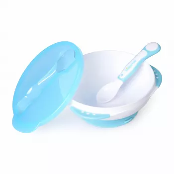 Kidsme Baby-Set zum Füttern mit Saugschüssel, Deckel und Thermolöffel, Aquamarin, 9+ Monate