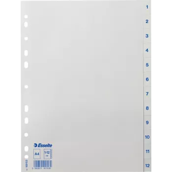 LEITZ Esselte Kunststoff-Register, nummeriert 1-12, A4, weiß, Universal-Lochung, 10 Sets (100153)