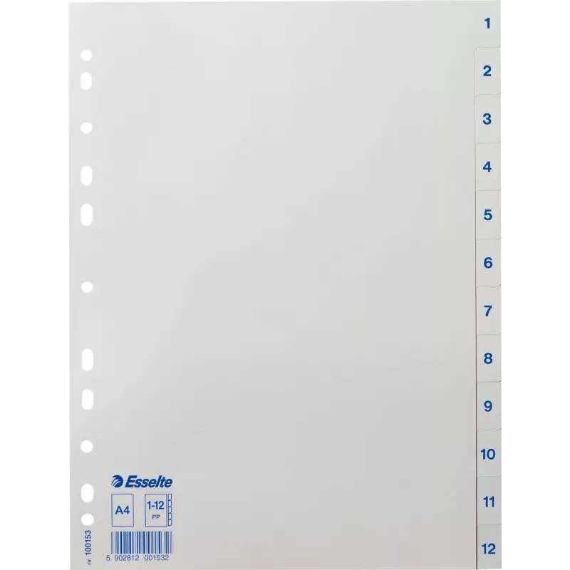 LEITZ Esselte Kunststoff-Register, nummeriert 1-12, A4, weiß, Universal-Lochung, 10 Sets (100153)
