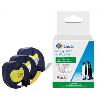 G&G TD-RL-D-91201/2/8-3P Beschriftungsband-Set, 12 mm, 3er-Pack (weiß, gelb, silber auf schwarz), kompatibel mit DYMO D1