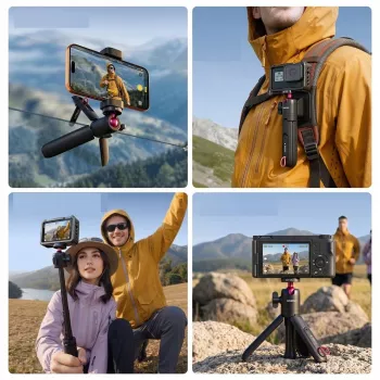 ULANZI MT-55 4-in-1 Mini-Stativ Selfie-Stick Handgriff Rucksack-Clip mit Kugelkopf, 1/4 inch Schraube, Handyhalterung 60-85mm, Aluminiumlegierung, Schwarz