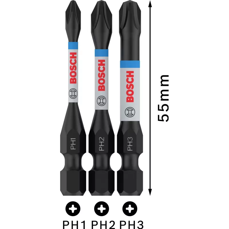 Bosch 2608522491 Phillips PH2 Bit-Set, 3 Stück, 25 mm, 1/4 Zoll Sechskantschaft