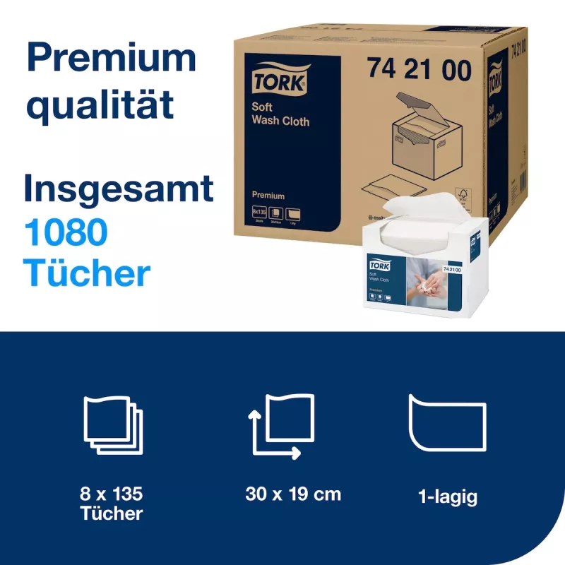 Tork Premium Soft Waschlappen 1-lagig Weiß, 1080 Tücher (742100)
