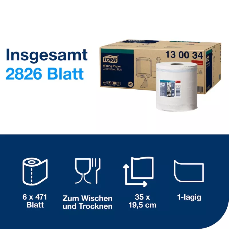 Tork Premium M2 Centrefeed Putzpapierrollen Weiß, 1-lagig, 471 Blatt, 6 Rollen (130034)