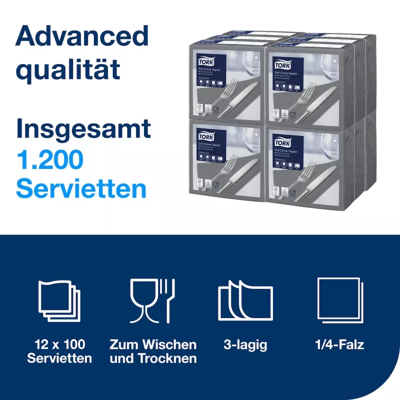 TORK Soft Dinner Advanced Anthrazit 3-lagige Servietten 39 x 39,5 cm, 100 Stück (509401)