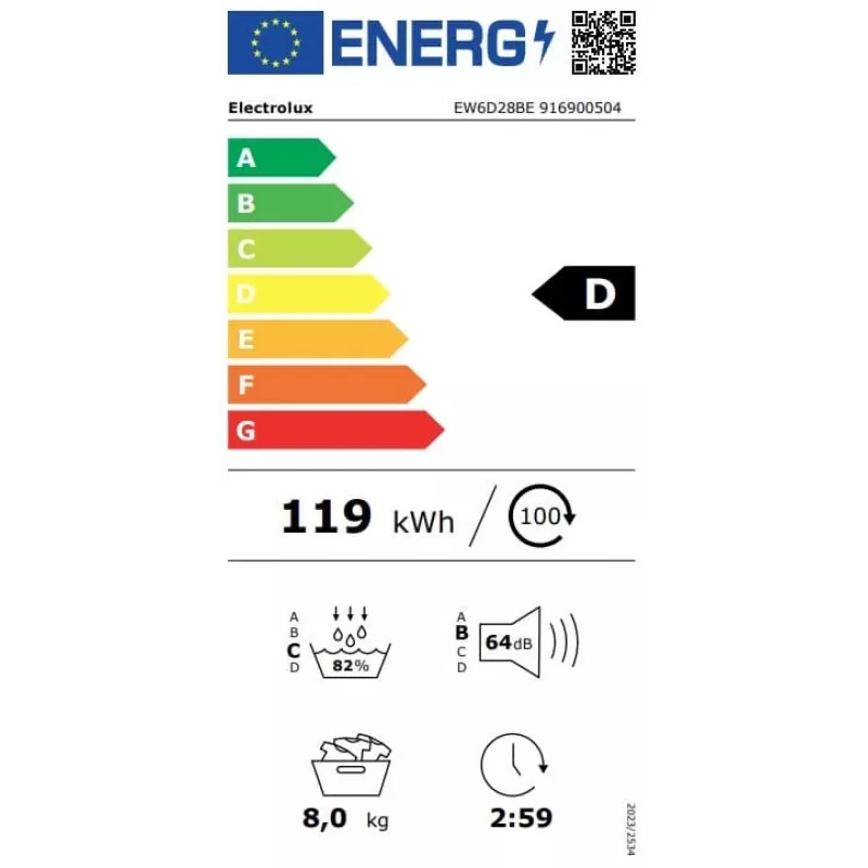 Electrolux EW6D28BE 8kg Wärmepumpentrockner, A+++ Energieeffizienzklasse, Weiß