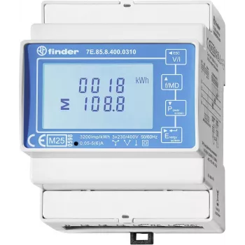 Finder 7E.85.8.400.0310 Einphasiger digitaler Energiezähler, Direktanschluss, Klasse B, S0-Impulsausgang, DIN-Schiene