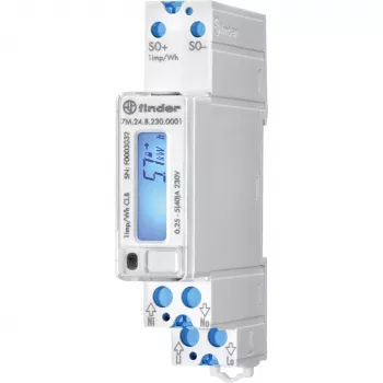 Finder 7M.24.8.230.0001 Einphasiger digitaler Energiezähler, 230 V AC, 5(40) A, Klasse 1, LCD, S0-Impulsausgang, DIN-Schiene, 1 Modul, MID nicht konform