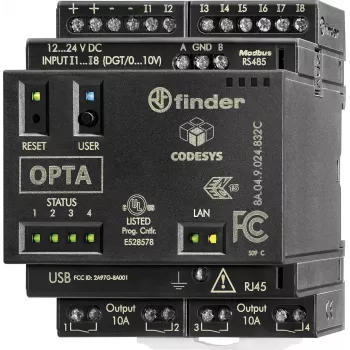 Finder Programmierbares Logikrelais (PLR) SPS-Steuermodul, 24 V DC, 8 Digitale Eingänge, 4 Analoge Eingänge, 4 Relaisausgänge, 8 A, LCD-Anzeige, DIN-Schienen-Montage, 8A.04.9.024.832C