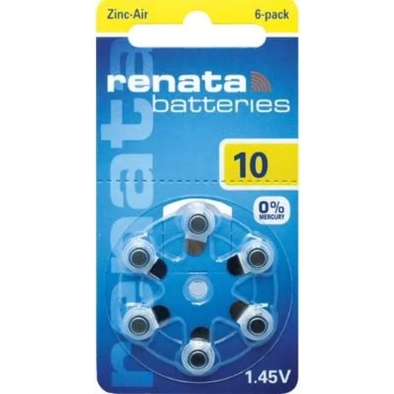 Renata ZA10 Zink-Luft PR70 Hörgerätebatterie 105 mAh 1,4 V 6er-Pack ZA10.DP6 0HG