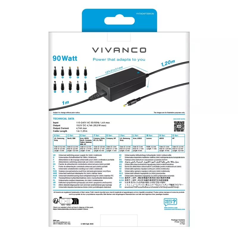Vivanco 90W Universal-Notebook-Netzteil mit wählbarer Ausgangsspannung VVITADAPT90WUN