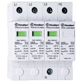 Finder 7P.24.8.275.K110 Typ 2 Überspannungsschutzgerät für Photovoltaikanlagen, 3-polig, 1100 V DC, 20 kA (8/20 µs), DIN-Schiene