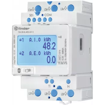 Finder 7M.38.8.400.0312 Dreiphasen-Energiezähler, Direktanschluss, 80 A, Modbus RS485, S0-Impuls, DIN-Schiene, 4 Module