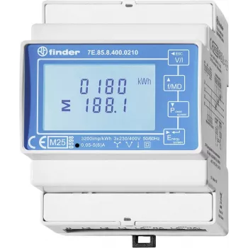 Finder 7E.85.8.400.0212 Einphasiger digitaler Energiezähler, 230 V AC, 40 A, DIN-Schiene, 1 Modul, S0-Impulsausgang