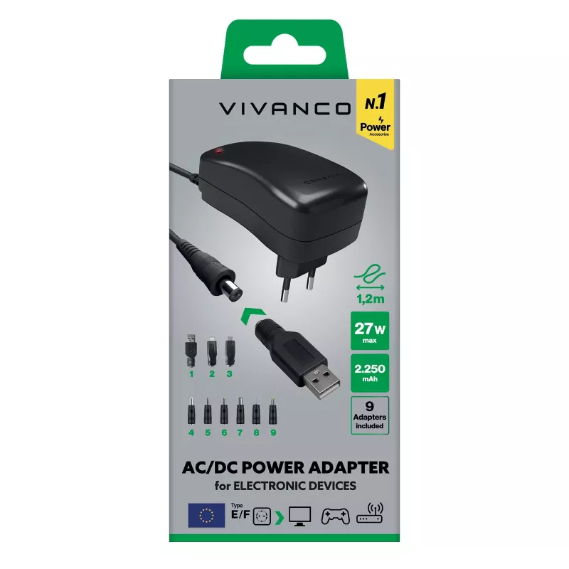 Vivanco Universal AC/DC Netzteil 27W mit 7 DC-Steckern und USB-Anschluss VVITADAPT27WUN