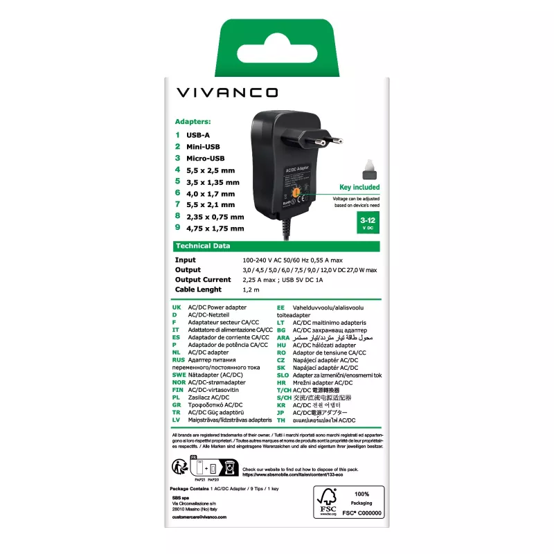 Vivanco Universal AC/DC Netzteil 27W mit 7 DC-Steckern und USB-Anschluss VVITADAPT27WUN