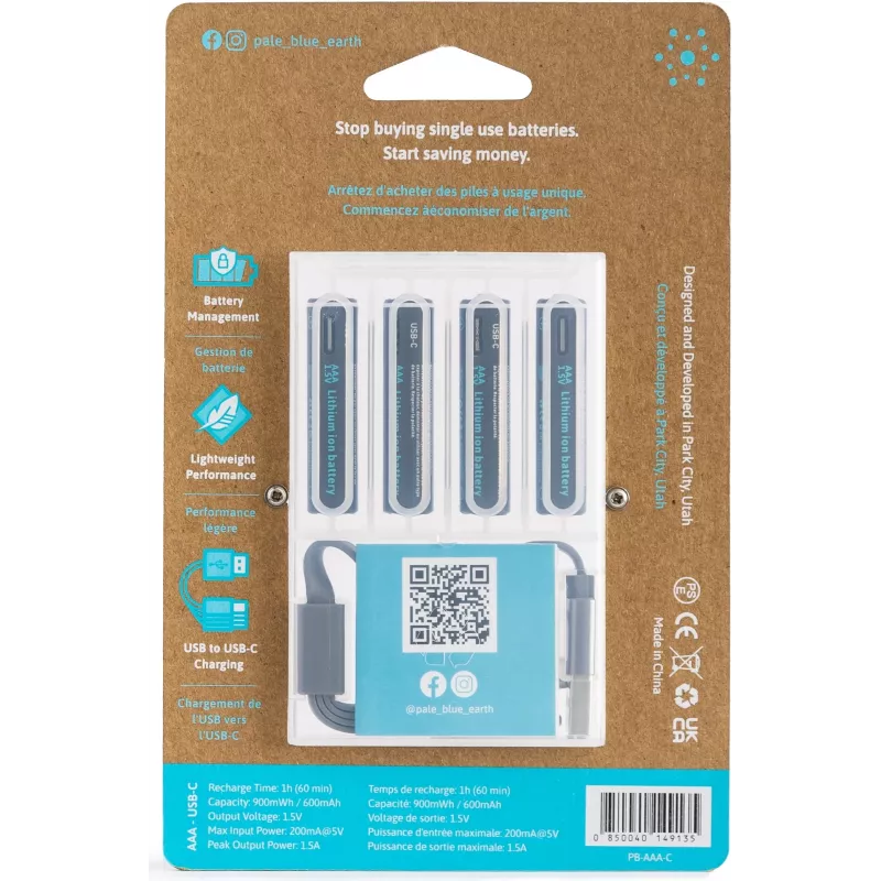 Pale Blue PB-AAA-C USB-C wiederaufladbare Lithium-Ionen AAA-Batterie