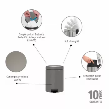 Brabantia NewIcon 5L Tretmülleimer, Mineral Concrete Grey
