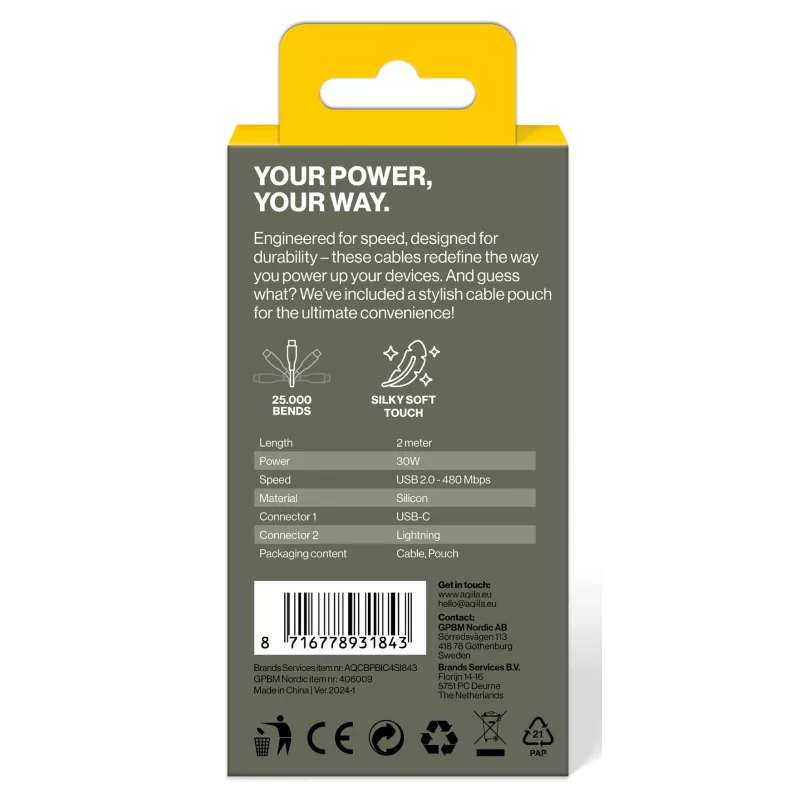 AQIILA 4SI843 USB-C auf Lightning Lade- und Synchronisierungskabel 2m 60W PD AQCBPBIC4SI843