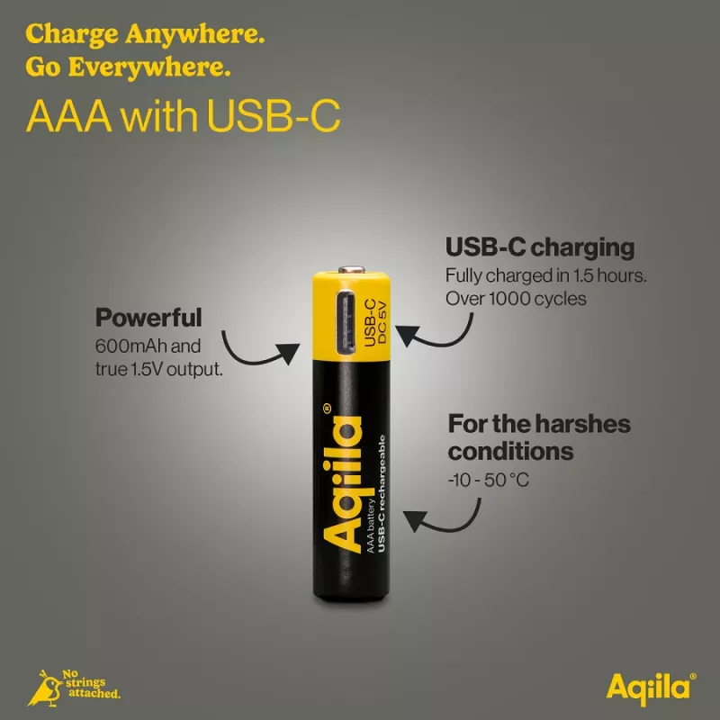 AQIILA AAA NiMH Akkus mit USB-C, 1,2 V, 600 mAh, 4er-Pack AQ60AAA374C4
