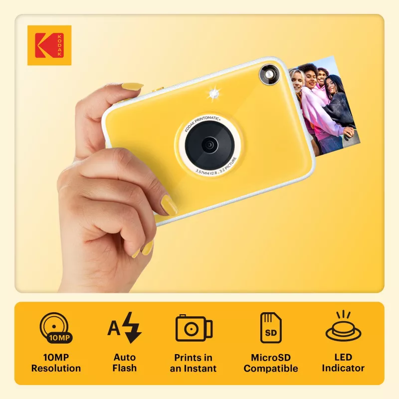 Kodak RODOMATICPYL Digitale Sofortbildkamera mit ZINK Zero Ink Druck, 10MP, 3,5 inch LCD, Bluetooth, USB-C, MicroSD