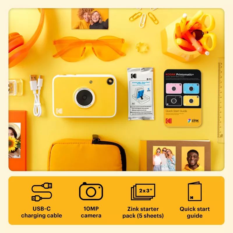 Kodak RODOMATICPYL Digitale Sofortbildkamera mit ZINK Zero Ink Druck, 10MP, 3,5 inch LCD, Bluetooth, USB-C, MicroSD